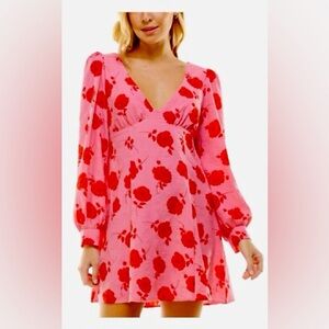 Pink and red floral balloon sleeve mini dress